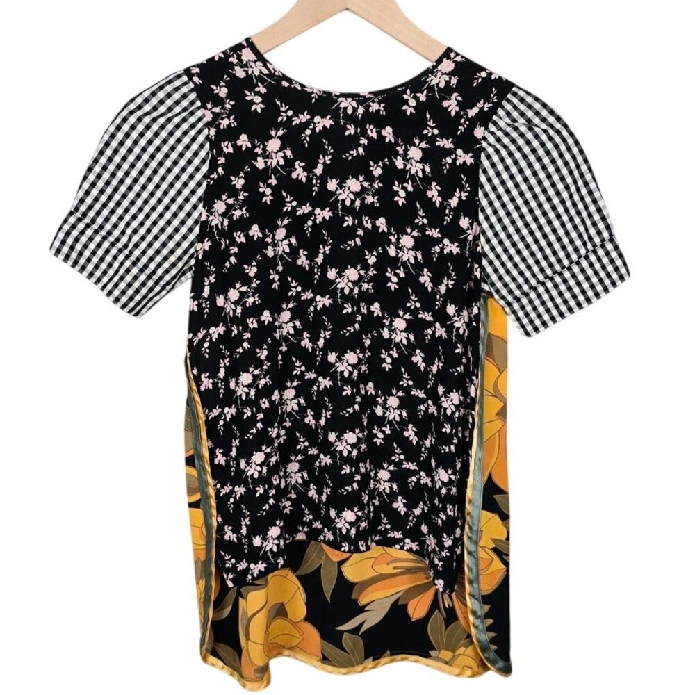 No. 21 Two-Toned 100% Silk Floral & Gingham Short Sleeve Blouse Sz S